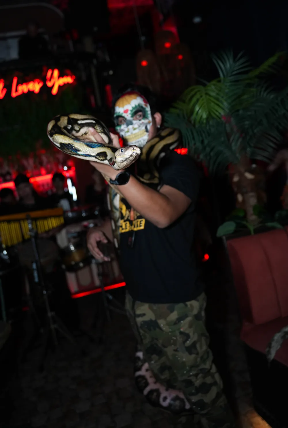 Performeur au masque de calavera tenant un python devant l'enseigne néon Pastel Loves You