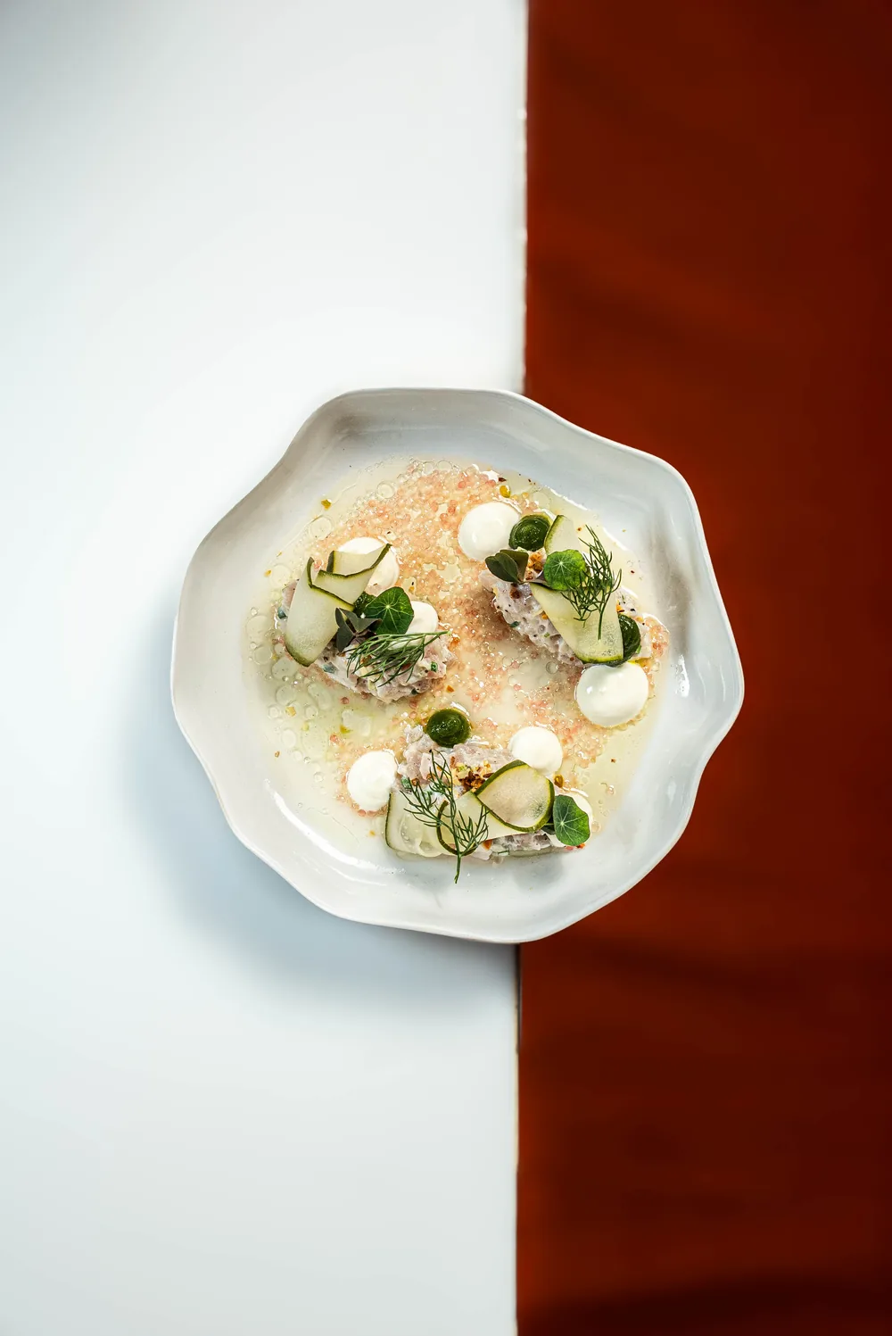 Tartare de poisson aux agrumes, concombre et aneth sur assiette en grès